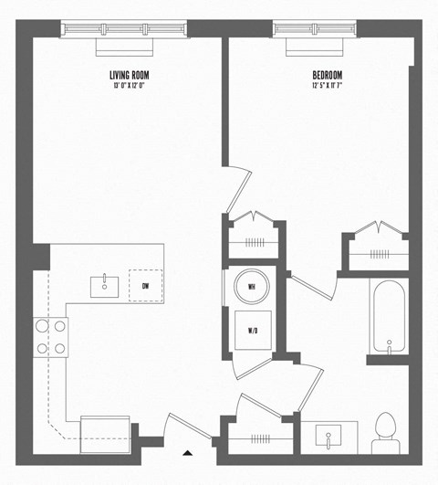 Floor plan for 1 bed, 1 bath, 664 sqft